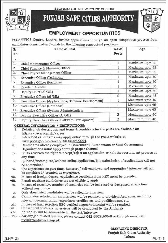 Jobs Opportunities at Punjab Safe Cities Authority