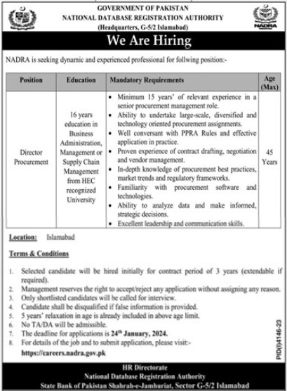 Jobs in NADRA Procurement Department 2024