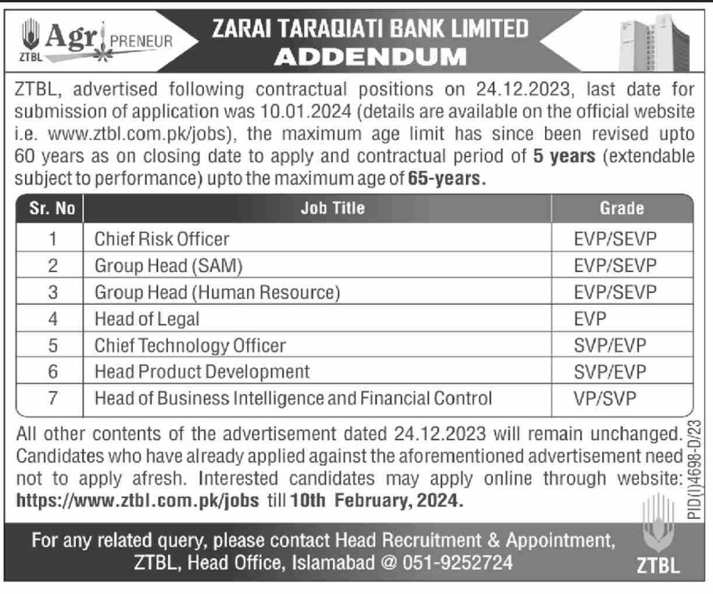 Job Positions at Zarai Taraqiati Bank Limited ZTBL