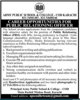 Public Relation Officer in Army Public School Apply Now 