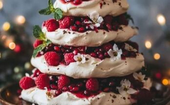 *Show-Stopping Pavlova Tower with White Chocolate Ganache, Raspberries, and Pomegranate* 🍧💕💯❤️👌😋🤩✔️🇺🇸😍