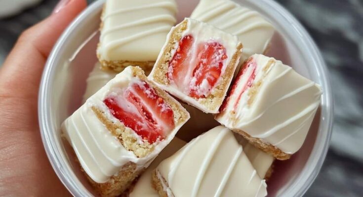 Strawberry Cheesecake Square Bites Dipped in White Chocolate 🍓🍰🍫