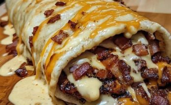 HUGE BACON CHEESEBURGER BURRITO WITH A PILE OF BACON AND CREAMY CHEESE SAUCE!