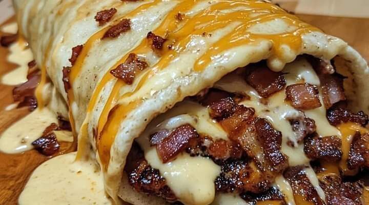 HUGE BACON CHEESEBURGER BURRITO WITH A PILE OF BACON AND CREAMY CHEESE SAUCE!